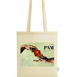 P'AM Baumwolltasche Natur mit Renaissance-Print – zwei Hände reichen ein goldenes Croissant
